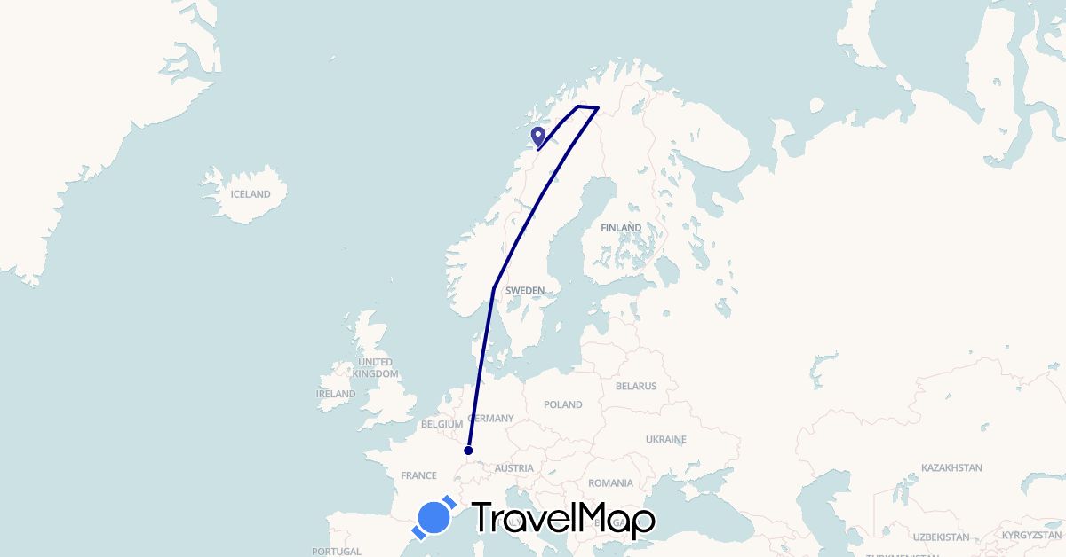 TravelMap itinerary: driving in Finland, France, Norway, Sweden (Europe)